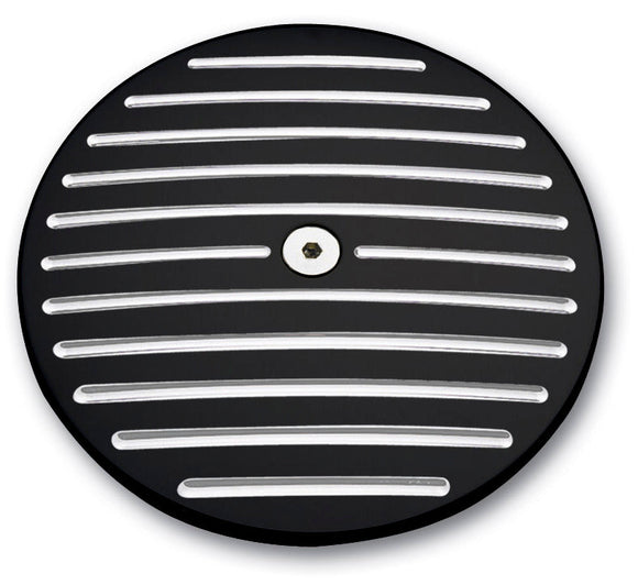Black billet air cleaner cover, ball-milled with polished horizontal fins, for 1984-1999 Harley-Davidson Big Twin, 6.28 in diameter