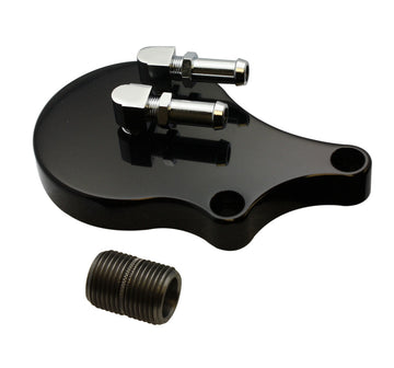 203150B slimline black anodized billet aluminum oil filter adapter with chrome 3/8-in fittings for 1992-1999 Harley EVO