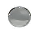 Polished chrome circular metal cover plate with five countersunk screw holes on white background