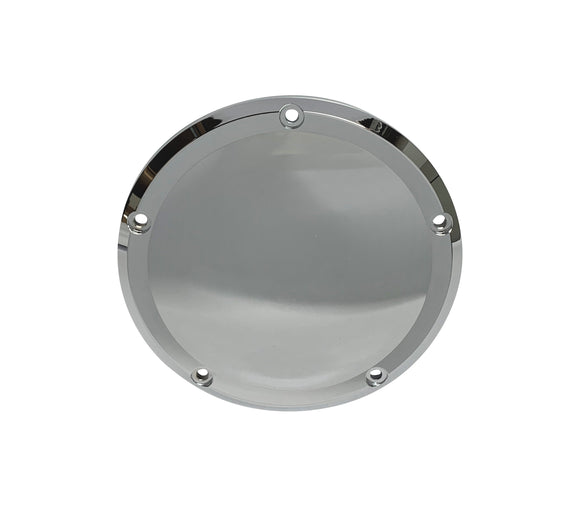 Polished chrome circular metal cover plate with five countersunk screw holes on white background