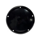 Black anodized circular metal cover with five mounting holes on white background