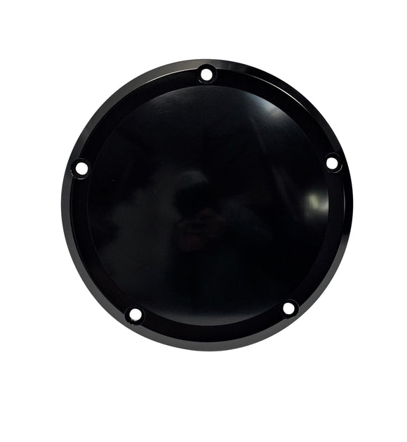 Black anodized circular metal cover with five mounting holes on white background