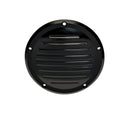 Circular black metal vent cover with horizontal louvers and five mounting screw holes
