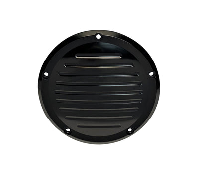 Circular black metal vent cover with horizontal louvers and five mounting screw holes