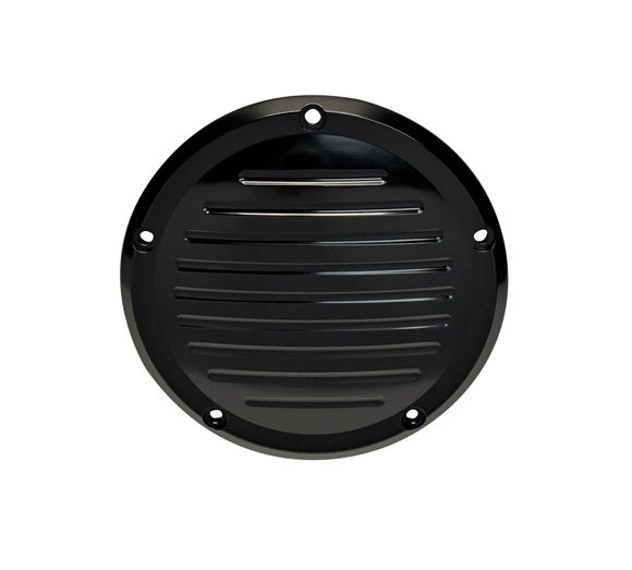 Circular black metal vent cover with horizontal louvers and five mounting screw holes
