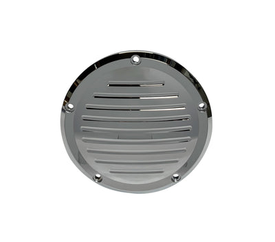 Chrome slotted derby cover for Milwaukee-Eight M8 Touring engines, 5-bolt, fits Electra Glide, Road Glide, Street Glide and Road King 2016–2023