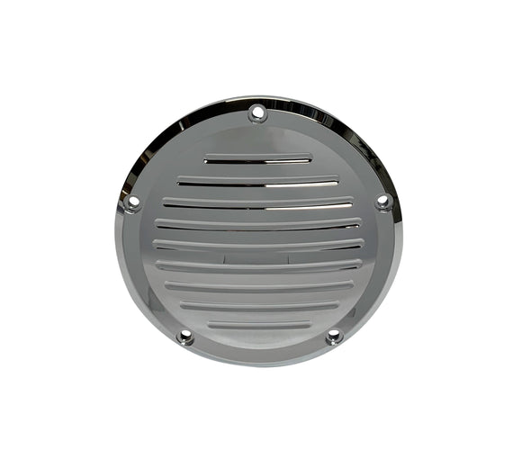Chrome slotted derby cover for Milwaukee-Eight M8 Touring engines, 5-bolt, fits Electra Glide, Road Glide, Street Glide and Road King 2016–2023