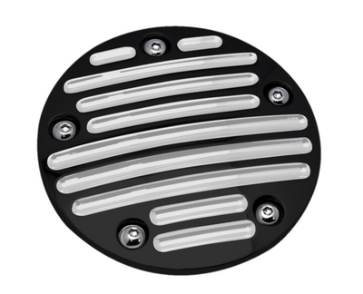 Black ball-milled TC88 billet point cover, 5-hole Millennium design, CNC aluminum with chrome screws, fits Harley-Davidson Twin Cam 1999-2017