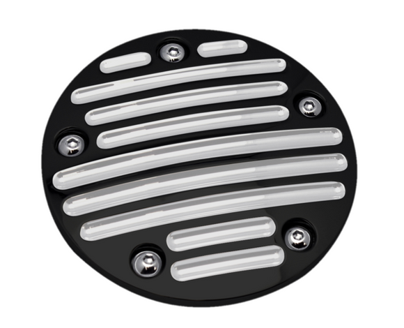 Black ball-milled TC88 billet point cover, 5-hole Millennium design, CNC aluminum with chrome screws, fits Harley-Davidson Twin Cam 1999-2017