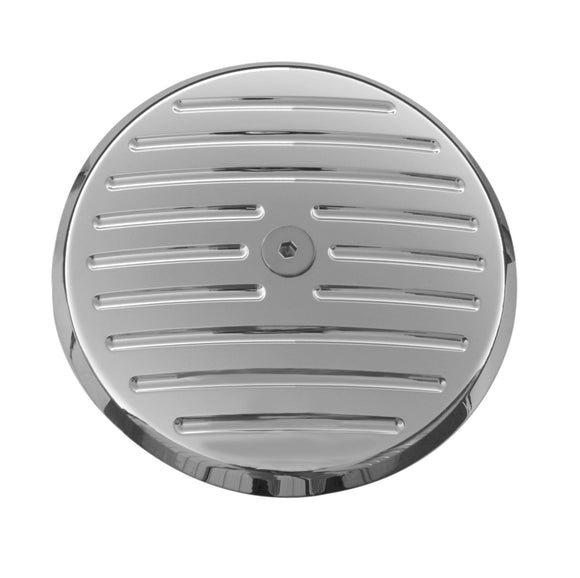 Pro-One chrome ball-milled billet round air cleaner cover, slotted design, 5.485 in diameter, fits Arlen Ness Big Sucker and S&S Stealth filters