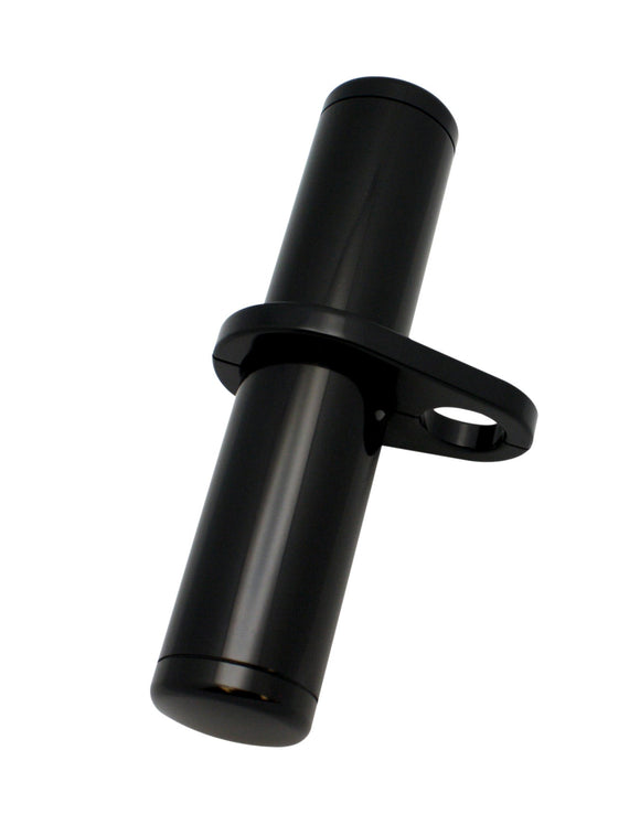 10-inch black billet-aluminum motorcycle stash tube with mounting clamp, fits 1 to 1-1/4-inch frame, chrome-plated caps with waterproof O-ring