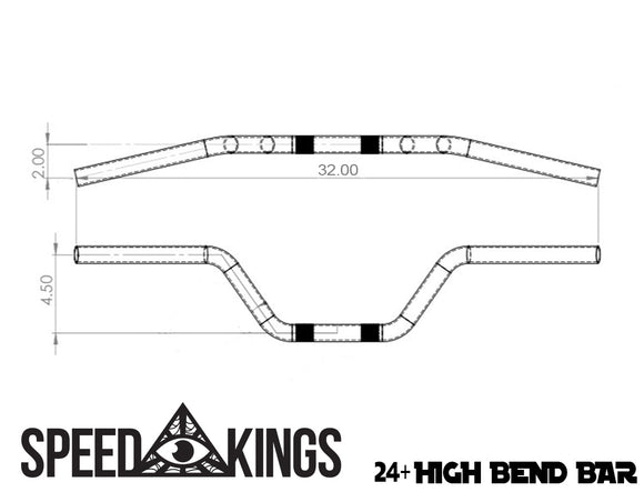 Technical drawing of a 2024+ High-bend bar with measurements and 'Speed Kings' branding.