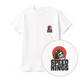 White t-shirt with 'Speed Kings' logo on a white background