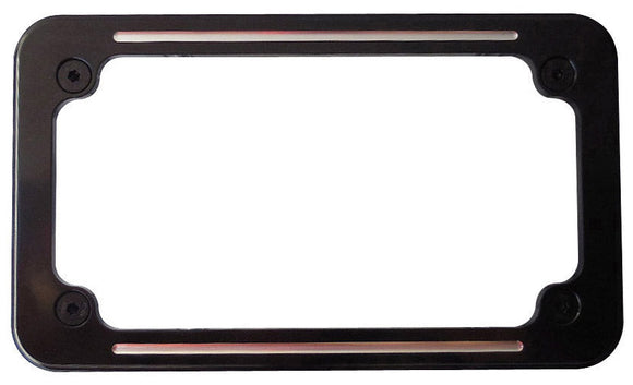 Custom billet license plate frame, black anodized, ball-milled contrast-cut, fits Harley-Davidson and metric cruisers