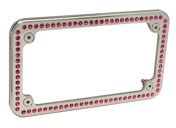 Chrome billet license plate frame studded with rose Czechoslovakian crystals for Harley-Davidson and metric cruisers