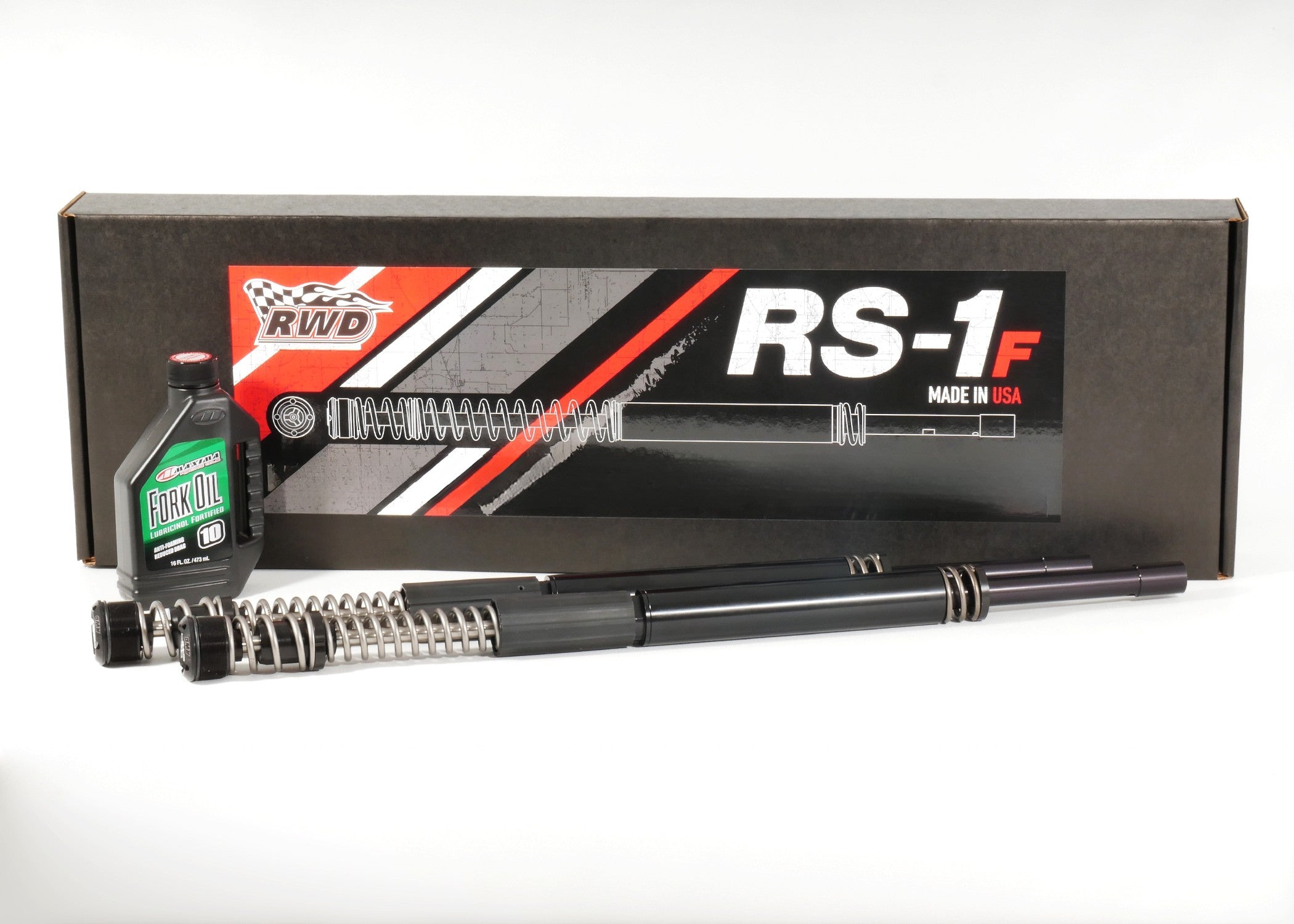 RWD V-Twin RS-1F front fork cartridge system for 2006-2017 Harley Davidson Dyna with Eibach springs, top-mounted clickers and Maxima fork oil, made in USA