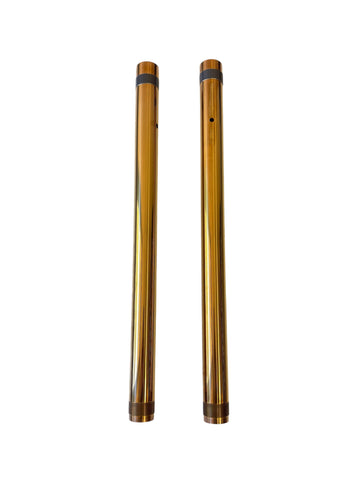 Pair of 43mm +2" gold TiN-coated fork tubes (left 25", right 24.75") for 2022-2025 Harley FXLRST/FXLRS/FXFB, part 105440G