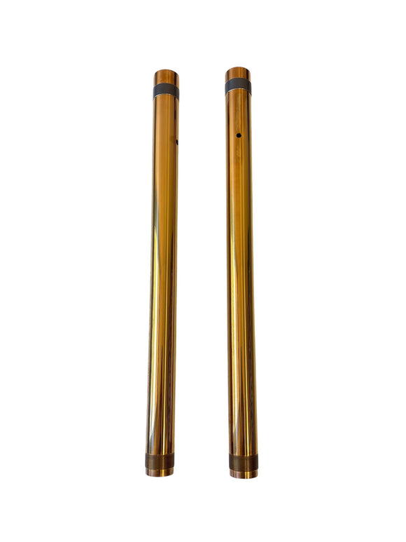 Pair of 43mm gold TIN-coated fork tubes (left 23", right 22.75") for Harley-Davidson motorcycles, part 105430G