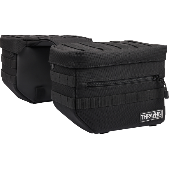 Thrashin Supply Co. Essential Saddlebags black 1680D ballistic nylon MOLLE saddlebags for Harley Softail Dyna FXR