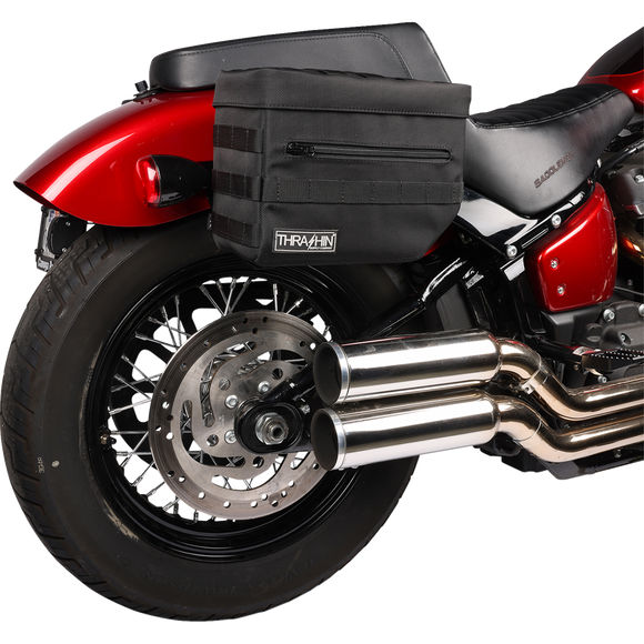 Thrashin Supply Co. Essential Saddlebags black 1680D ballistic nylon MOLLE saddlebags for Harley Softail Dyna FXR
