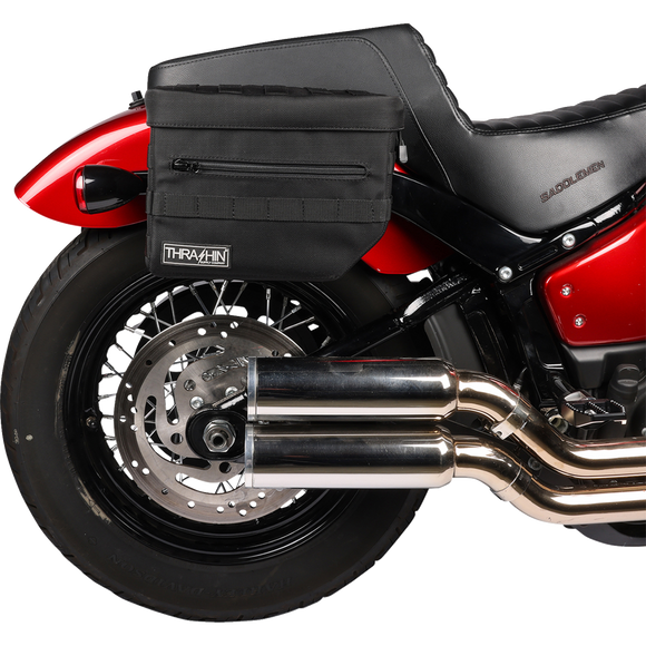 Thrashin Supply Co. Essential Saddlebags black 1680D ballistic nylon MOLLE saddlebags for Harley Softail Dyna FXR