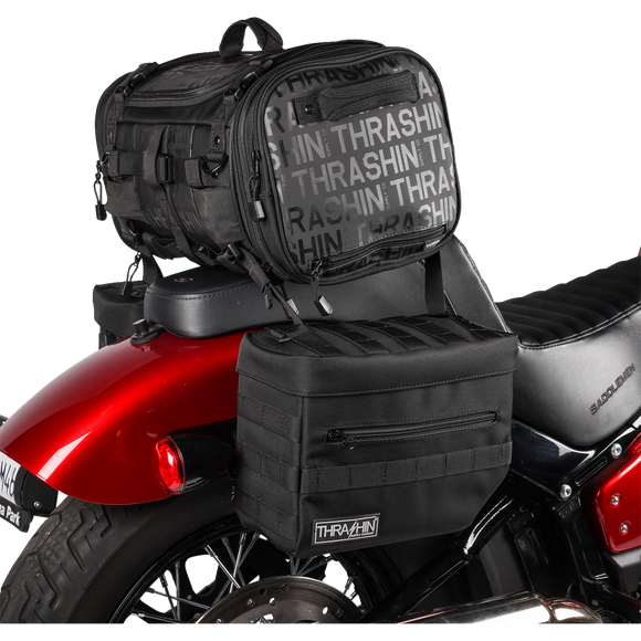 Thrashin Supply Co. Essential Saddlebags black 1680D ballistic nylon MOLLE saddlebags for Harley Softail Dyna FXR