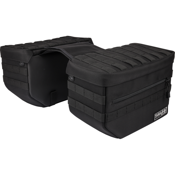 Thrashin Supply Co. TSB-0007 Escape Saddlebags black 1680D ballistic nylon with waterproof rain cover and MOLLE attachment points for Harley-Davidson Dyna Softail FXR