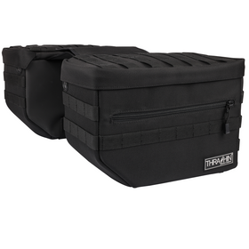 Thrashin Supply Co. TSB-0007 Escape Saddlebags black 1680D ballistic nylon with waterproof rain cover and MOLLE attachment points for Harley-Davidson Dyna Softail FXR