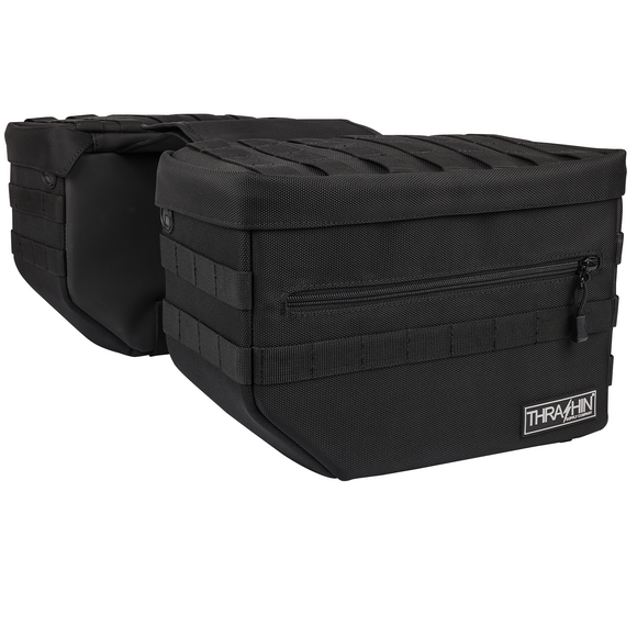 Thrashin Supply Co. TSB-0007 Escape Saddlebags black 1680D ballistic nylon with waterproof rain cover and MOLLE attachment points for Harley-Davidson Dyna Softail FXR