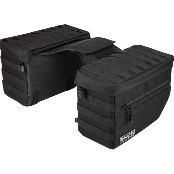 Thrashin Supply Co. TSB-0007 Escape Saddlebags black 1680D ballistic nylon with waterproof rain cover and MOLLE attachment points for Harley-Davidson Dyna Softail FXR