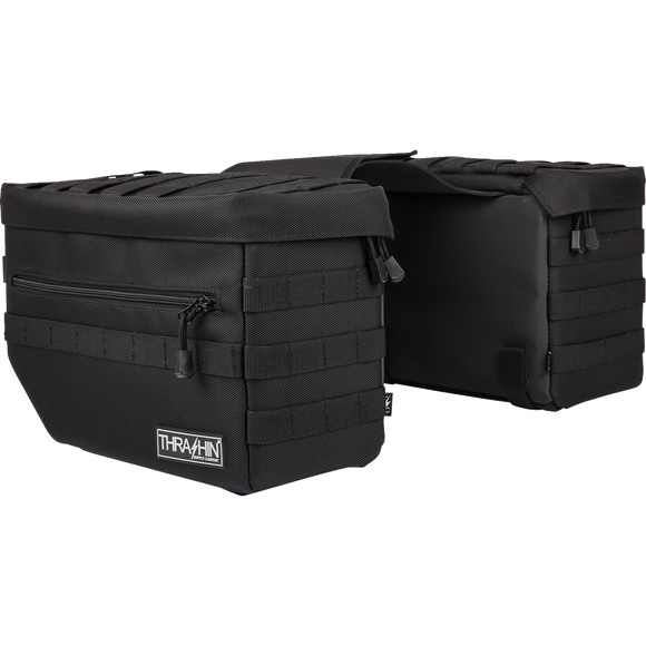 Thrashin Supply Co. TSB-0007 Escape Saddlebags black 1680D ballistic nylon with waterproof rain cover and MOLLE attachment points for Harley-Davidson Dyna Softail FXR