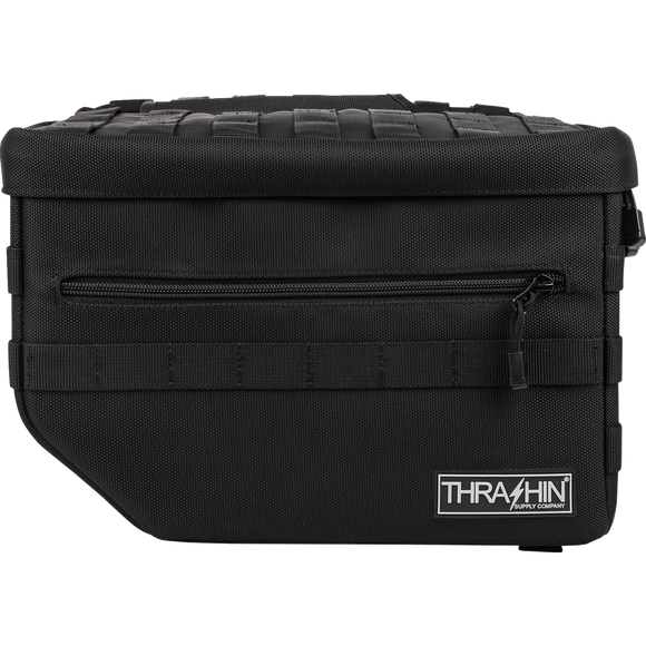 Thrashin Supply Co. TSB-0007 Escape Saddlebags black 1680D ballistic nylon with waterproof rain cover and MOLLE attachment points for Harley-Davidson Dyna Softail FXR