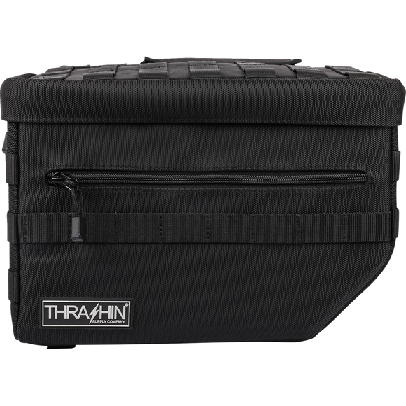 Thrashin Supply Co. TSB-0007 Escape Saddlebags black 1680D ballistic nylon with waterproof rain cover and MOLLE attachment points for Harley-Davidson Dyna Softail FXR