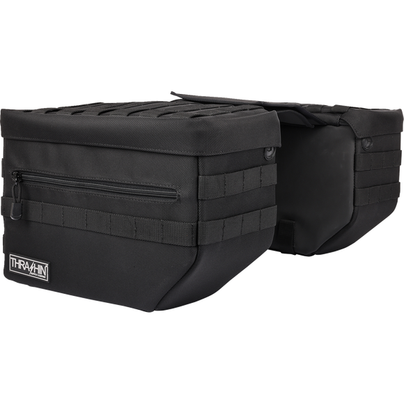 Thrashin Supply Co. TSB-0007 Escape Saddlebags black 1680D ballistic nylon with waterproof rain cover and MOLLE attachment points for Harley-Davidson Dyna Softail FXR