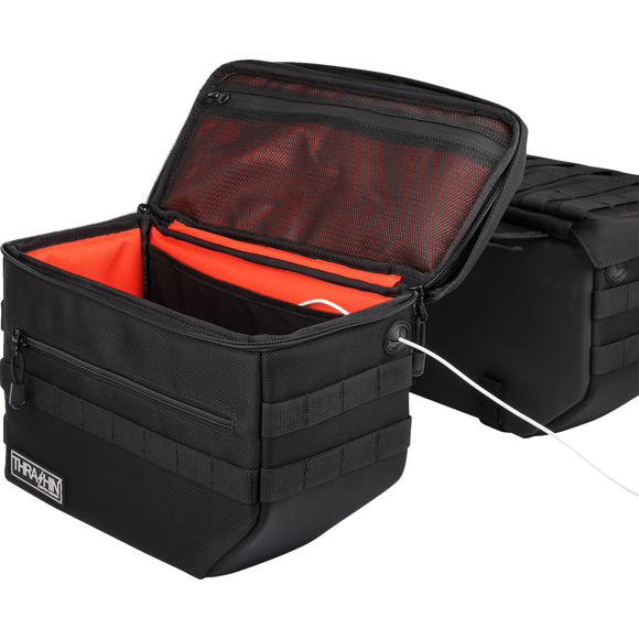 Thrashin Supply Co. TSB-0007 Escape Saddlebags black 1680D ballistic nylon with waterproof rain cover and MOLLE attachment points for Harley-Davidson Dyna Softail FXR