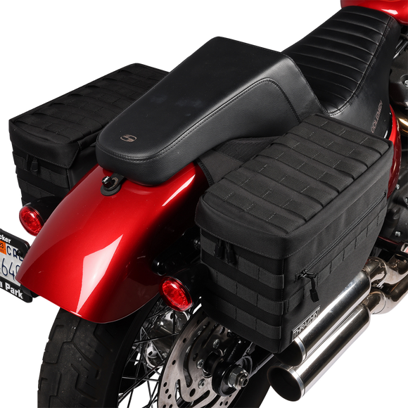 Thrashin Supply Co. TSB-0007 Escape Saddlebags black 1680D ballistic nylon with waterproof rain cover and MOLLE attachment points for Harley-Davidson Dyna Softail FXR