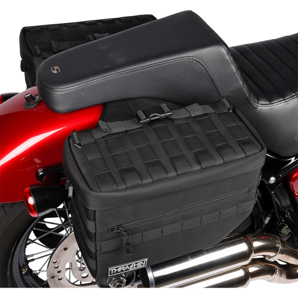 Thrashin Supply Co. TSB-0007 Escape Saddlebags black 1680D ballistic nylon with waterproof rain cover and MOLLE attachment points for Harley-Davidson Dyna Softail FXR