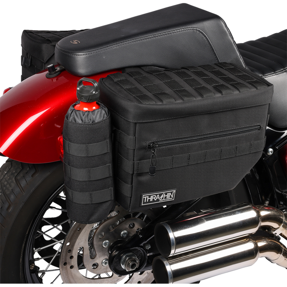 Thrashin Supply Co. TSB-0007 Escape Saddlebags black 1680D ballistic nylon with waterproof rain cover and MOLLE attachment points for Harley-Davidson Dyna Softail FXR