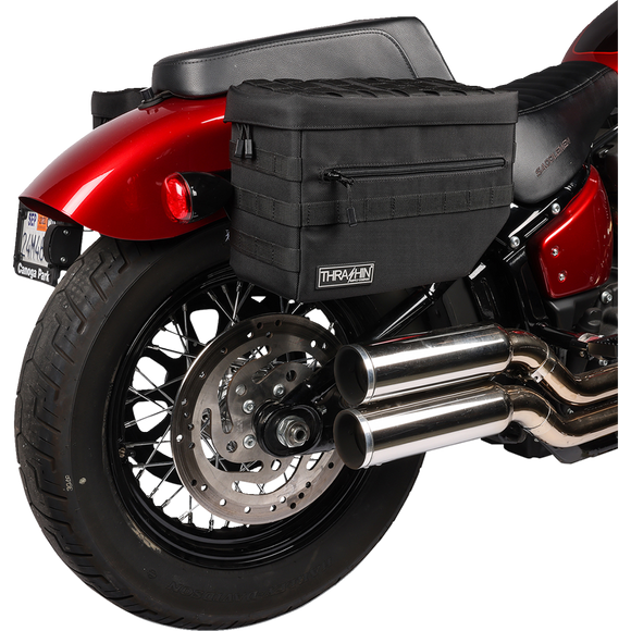 Thrashin Supply Co. TSB-0007 Escape Saddlebags black 1680D ballistic nylon with waterproof rain cover and MOLLE attachment points for Harley-Davidson Dyna Softail FXR