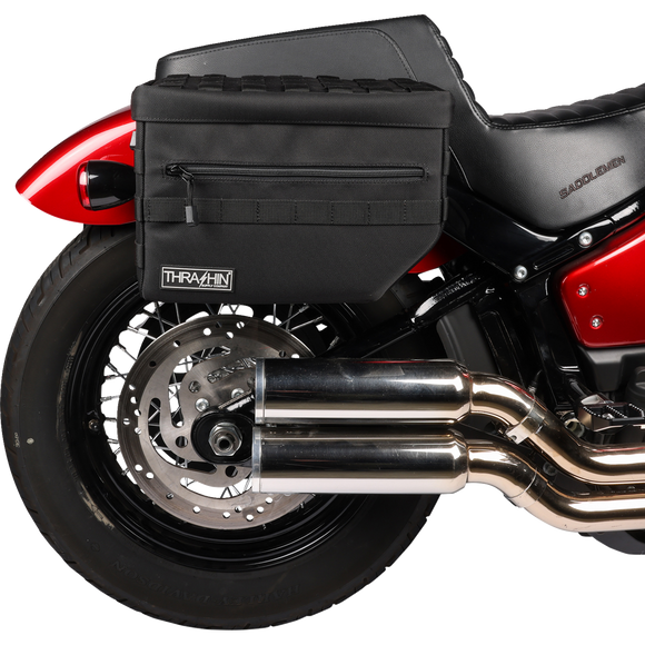 Thrashin Supply Co. TSB-0007 Escape Saddlebags black 1680D ballistic nylon with waterproof rain cover and MOLLE attachment points for Harley-Davidson Dyna Softail FXR