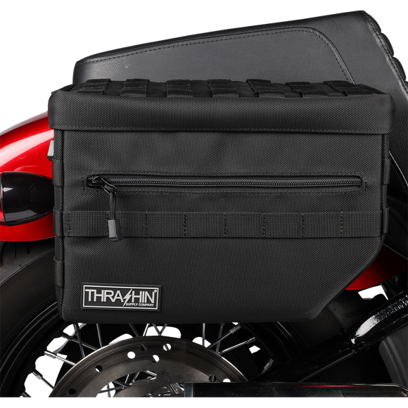 Thrashin Supply Co. TSB-0007 Escape Saddlebags black 1680D ballistic nylon with waterproof rain cover and MOLLE attachment points for Harley-Davidson Dyna Softail FXR