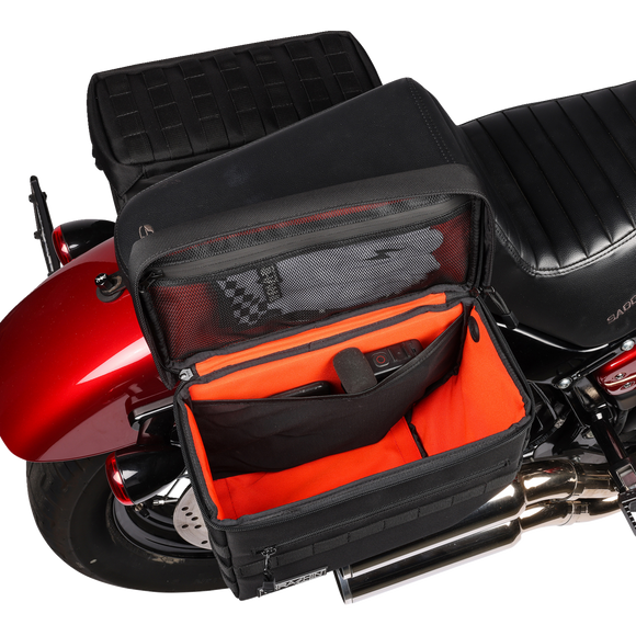 Thrashin Supply Co. TSB-0007 Escape Saddlebags black 1680D ballistic nylon with waterproof rain cover and MOLLE attachment points for Harley-Davidson Dyna Softail FXR
