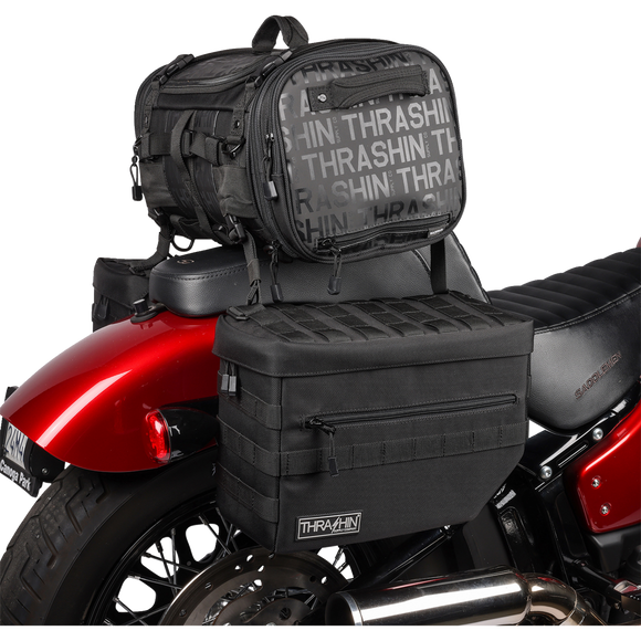 Thrashin Supply Co. TSB-0007 Escape Saddlebags black 1680D ballistic nylon with waterproof rain cover and MOLLE attachment points for Harley-Davidson Dyna Softail FXR