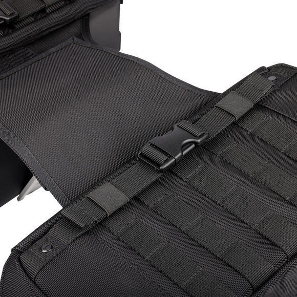 Thrashin Supply Co. Expedition Saddlebags in black ballistic nylon with MOLLE attachments and metal g-hook lids for Harley-Davidson Softail, Dyna, and FXR models