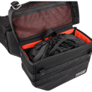 Thrashin Supply Co. Expedition Saddlebags in black ballistic nylon with MOLLE attachments and metal g-hook lids for Harley-Davidson Softail, Dyna, and FXR models