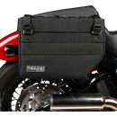 Thrashin Supply Co. Expedition Saddlebags in black ballistic nylon with MOLLE attachments and metal g-hook lids for Harley-Davidson Softail, Dyna, and FXR models
