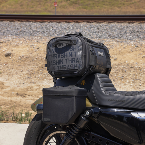 Thrashin Supply Co. Mini Essential Saddlebags 8-liter in black ballistic nylon for Harley Sportster