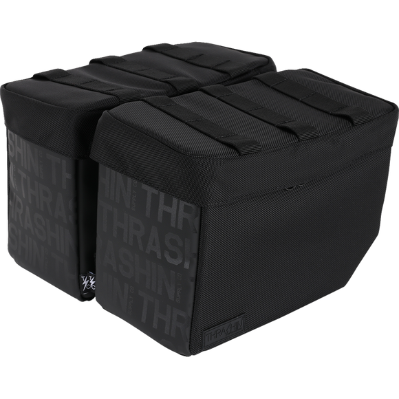 Thrashin Supply Co. Essential Saddlebags 10-liter in black ballistic nylon with MOLLE lid attachment points and hi-viz orange interior