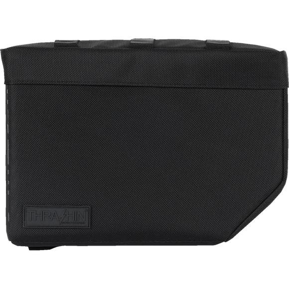 Thrashin Supply Co. Essential Saddlebags 10-liter in black ballistic nylon with MOLLE lid attachment points and hi-viz orange interior