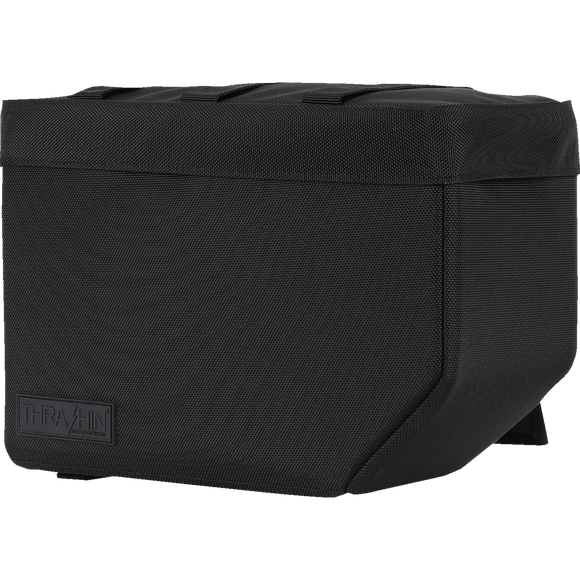 Thrashin Supply Co. Essential Saddlebags 10-liter in black ballistic nylon with MOLLE lid attachment points and hi-viz orange interior
